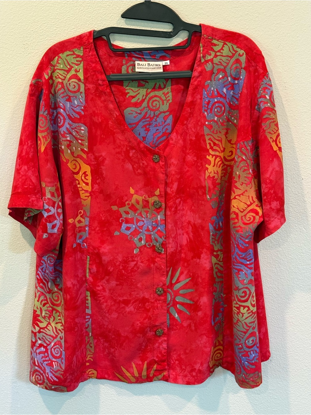 Bali Batiks Short Sleeve Button Blouse Top Bohemian Batik Art Women’s Plus 2X